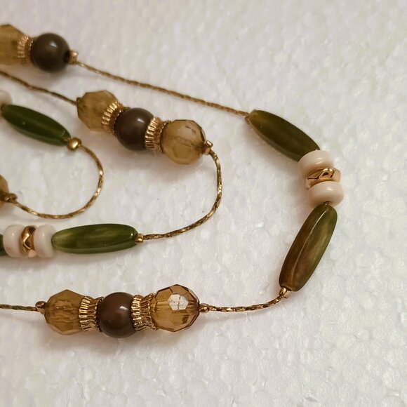 NY & Co Multi Strand Beaded Necklace 24" Layered Gold Green & Brown Tones - Picture 5 of 9